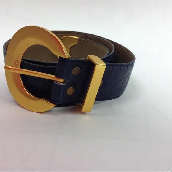 B.B. Simon Blue Leather Belt  Croco Gold Buckle
